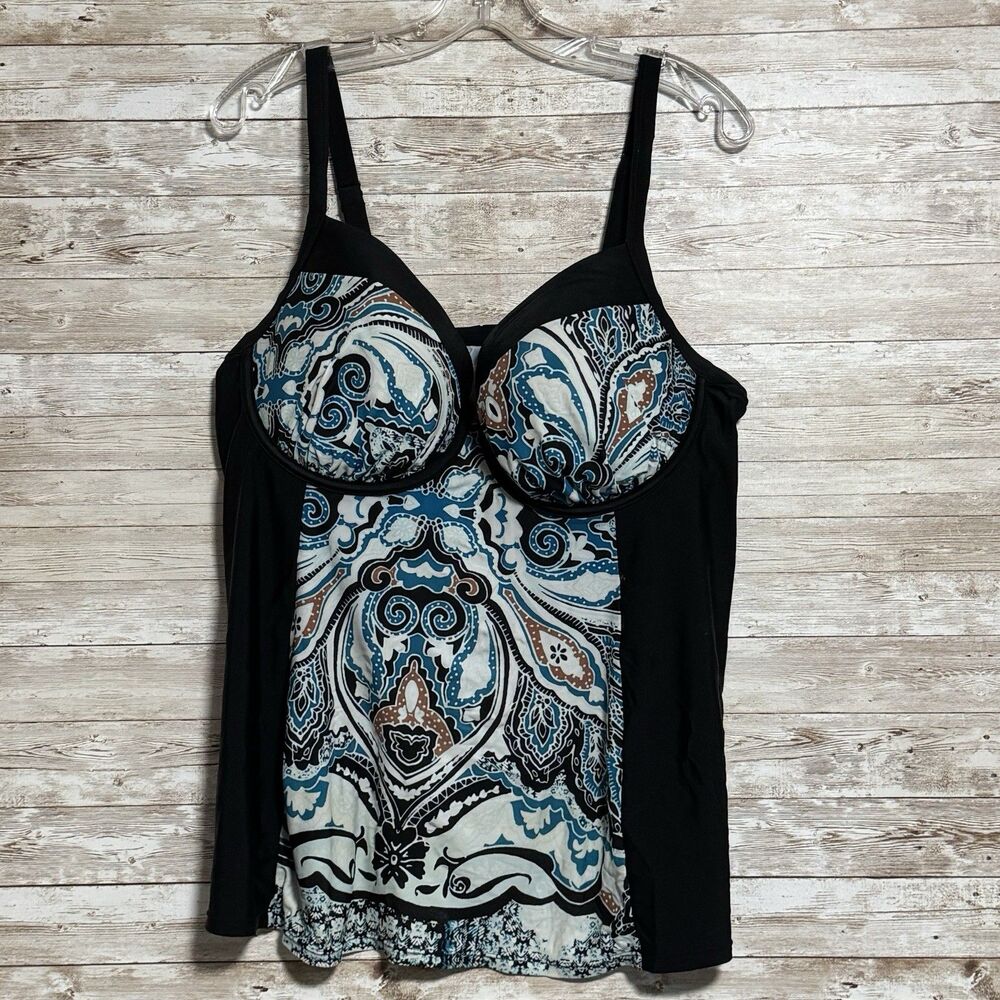 Swim by Cacique Lane Bryant Underwire Tankini Top Black Paisley Print Sz 40DDD